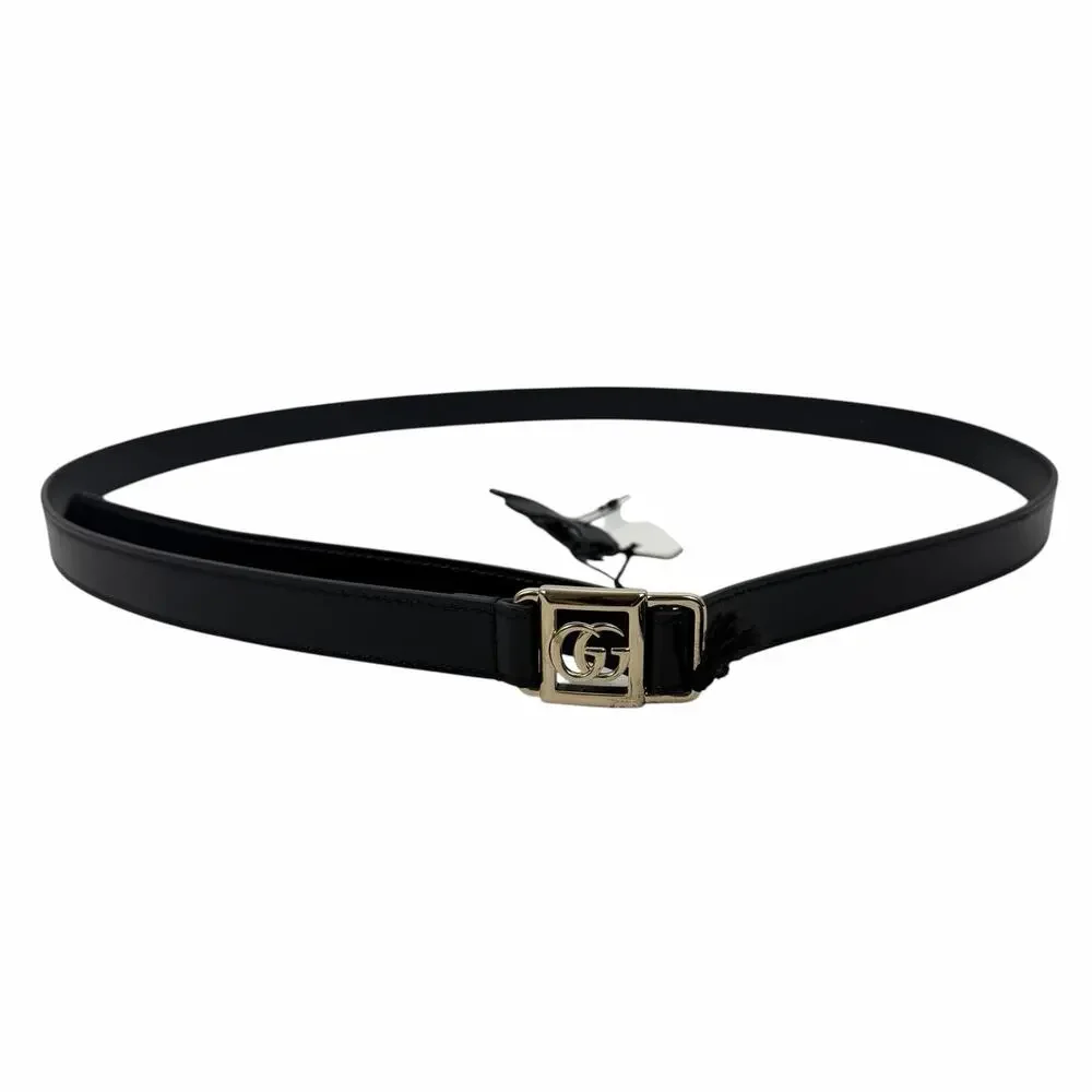 Gucci 20mm Leather Tie Belt Double GG Logo Black Silver Size 95/38